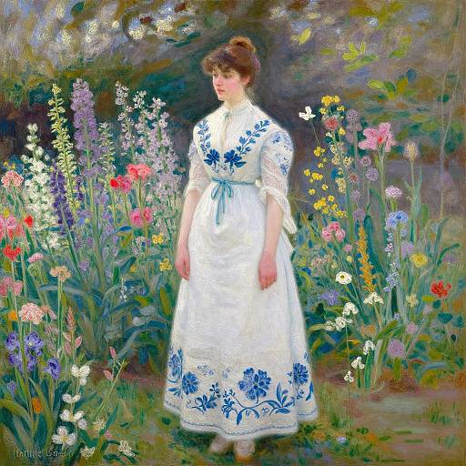 Impressionist painting of a woman in a white dress with blue floral patterns, standing in a vibrant, colorful garden filled with tall flowers.