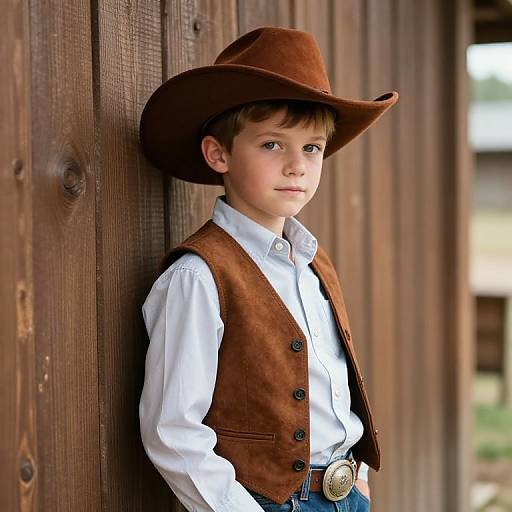 Photograph of a young boy with light skin, brown eyes, and brown hair, wearing a brown cowboy hat, white shirt, and brown vest,