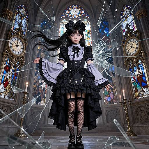 Digital gothic anime girl in black frilled dress, fishnet stockings, and black hair buns, shattering glass in a cathedral with colorful stained