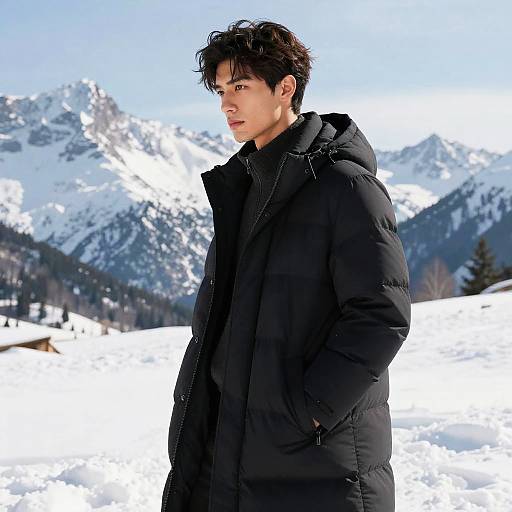 Photograph of an Asian man with messy black hair, wearing a black puffer jacket, standing in a snowy mountain landscape with distant peaks.