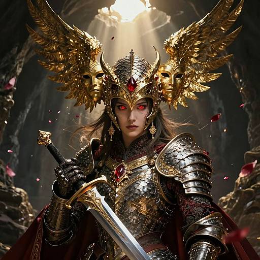 Epic digital art of a fierce, red-eyed female warrior with golden winged helmet, armored in intricate black and gold, holding a sword, illuminated