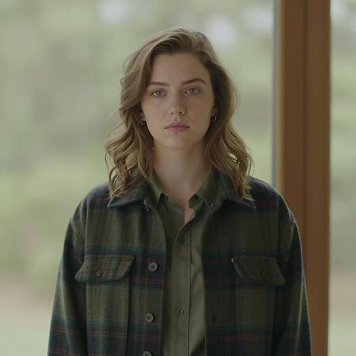 Young Woman in Green Plaid Jacket by Window