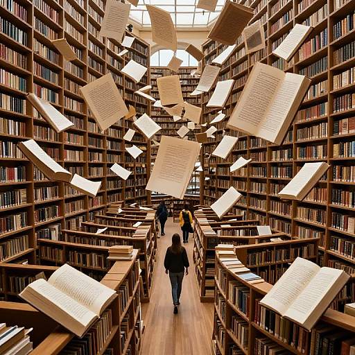 Photograph of a library with floating papers, three people walking down aisles of wooden bookshelves filled with books. Warm, natural light from sk