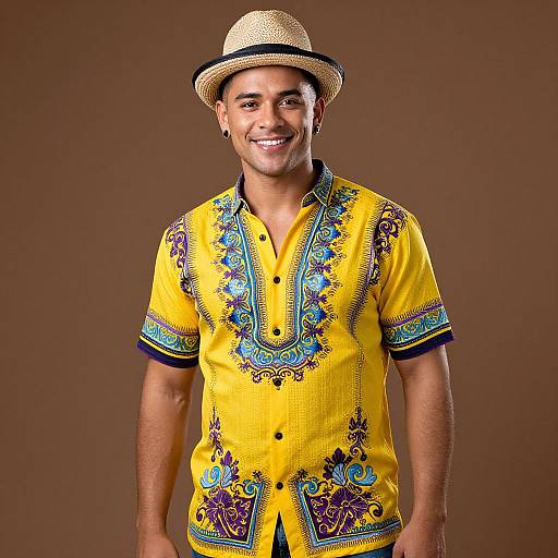 Photograph of a smiling man with medium skin tone, wearing a yellow embroidered shirt, black trim, and straw hat, against a brown background.
