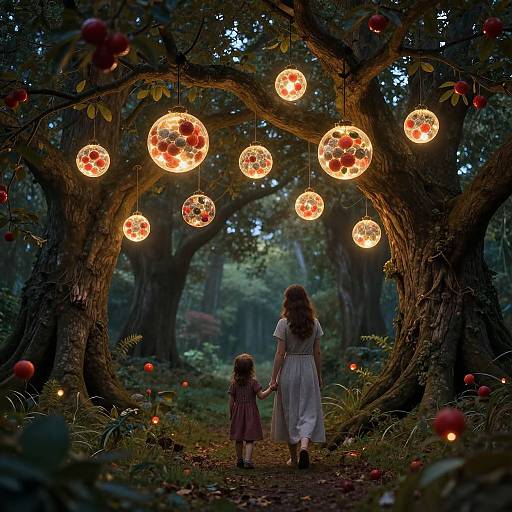 Photograph-style digital art: A woman in a white dress and a child in a pink dress walk hand-in-hand through a magical forest, lit by