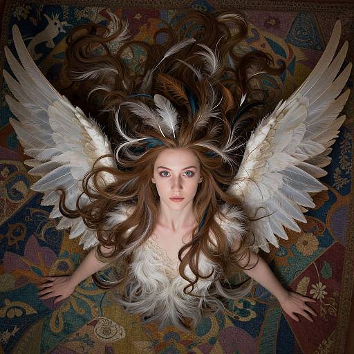 Photograph of a pale-skinned woman with long brown hair, white feathered wings, and blue eyes, lying on a colorful, patterned rug