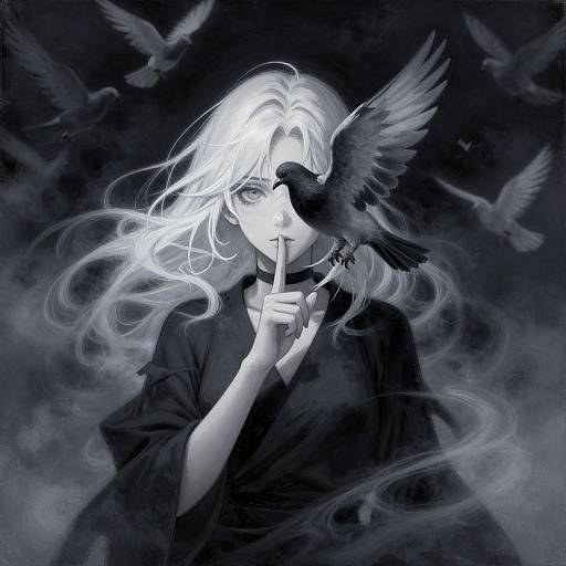 Monochromatic digital artwork of a white-haired woman with flowing hair, black cloak, finger to lips, surrounded by flying black birds, mysterious and eerie