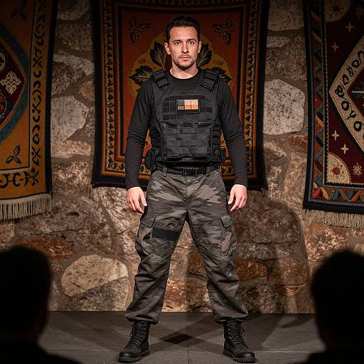 Photograph of a muscular, light-skinned man with short dark hair, wearing a black tactical vest and camouflage pants, standing in a dimly lit