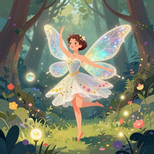 Digital illustration of a fairytale fairy with glowing wings, wearing a sparkling white dress, dancing in a magical forest filled with colorful flowers and twinkling