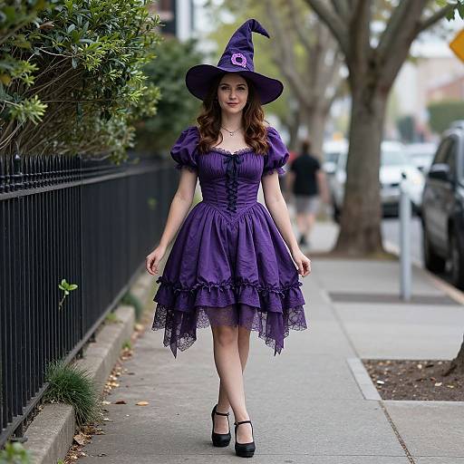 Photograph of a young woman with long brown hair, wearing a purple witch dress and hat, black heels, walking on a suburban sidewalk.