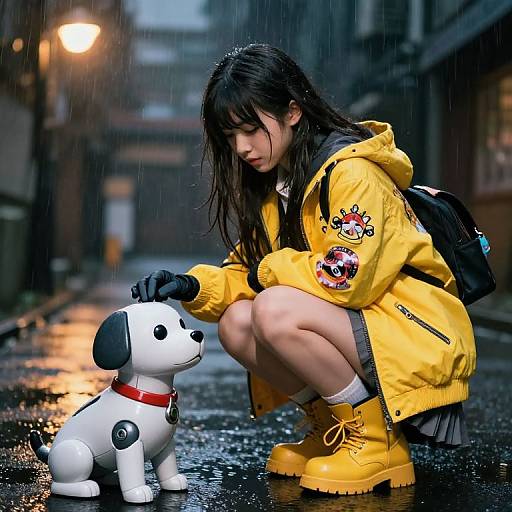 Photograph of a young Asian woman in a yellow raincoat and boots, squatting in a rainy urban alley, petting a white dog with a