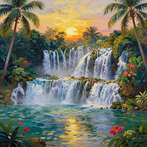 Majestic Multi-Level Waterfall at Sunset