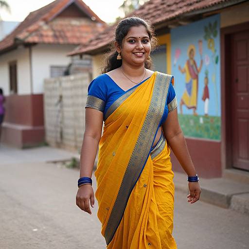 Photograph of a smiling Indian woman with dark hair in a yellow saree with blue blouse and gold trim, walking on a village street with colorful mural