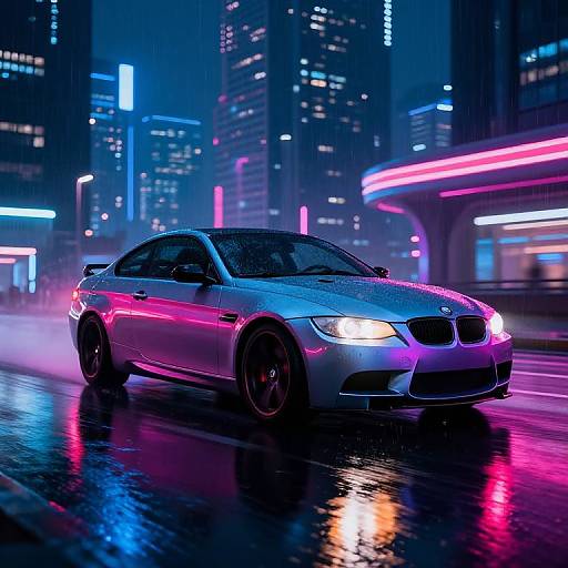 Photograph of a sleek, silver BMW sedan driving through a neon-lit, rainy cityscape at night, with vibrant pink and blue lights reflecting off
