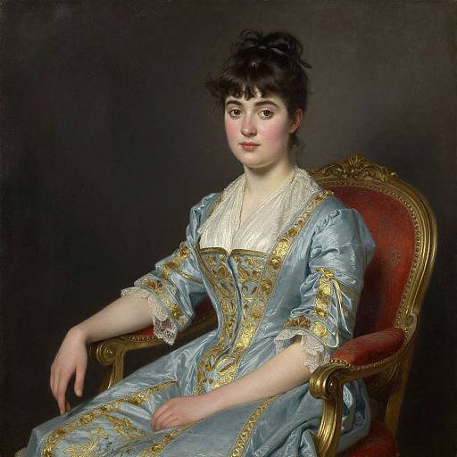 Classical portrait painting of a fair-skinned woman with dark hair in an elegant, blue and gold brocade dress, seated on a red and gold