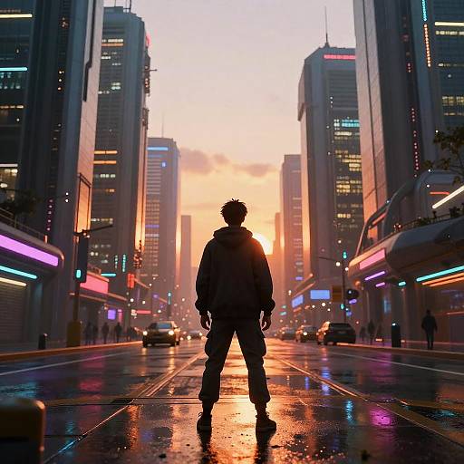 Silhouetted man standing in neon-lit, rain-soaked urban street at sunset, with towering skyscrapers and colorful lights reflecting on wet