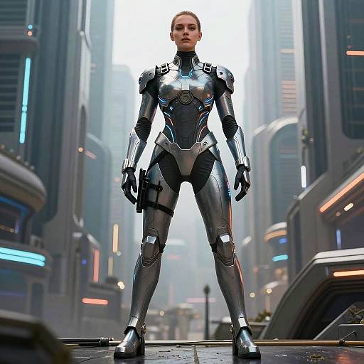 CGI image of a stern, blonde woman in a silver, futuristic armored suit standing confidently in a neon-lit, cyberpunk city street.