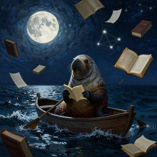 Moonlit Walrus Librarian on Rowboat