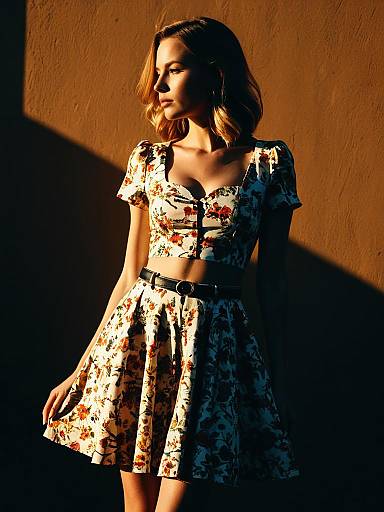 Woman in Floral Summer Dress Standing in Warm Light