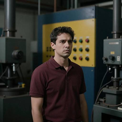 Serious Man in Industrial Room with Machinery