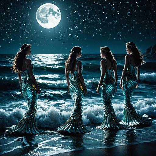 Four Glittering Sirens at Moonlit Ocean
