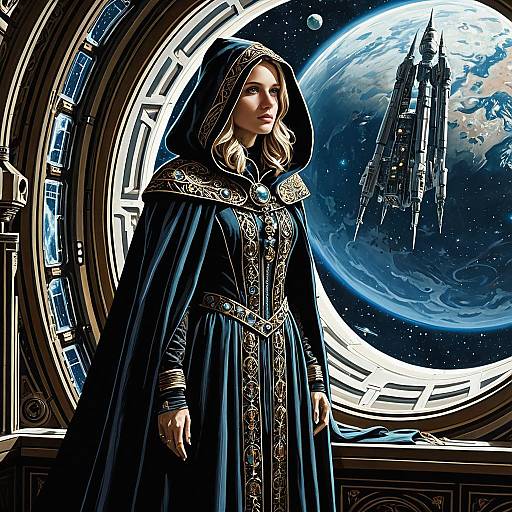 Hooded Woman in Ornate Cloak by Space Station Window