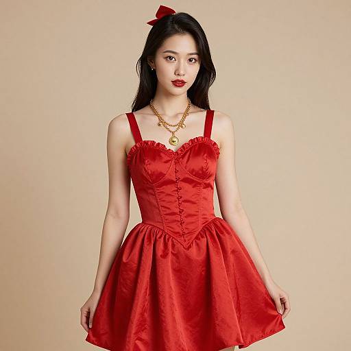 Photograph of an Asian woman with long black hair, wearing a red, strapless, cinched dress, gold necklace, and red bow, against