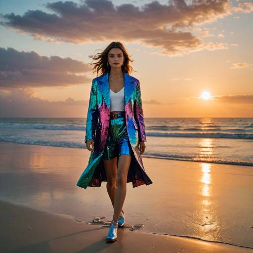 Fashion Model in Sequin Coat Walking on Beach at Sunset