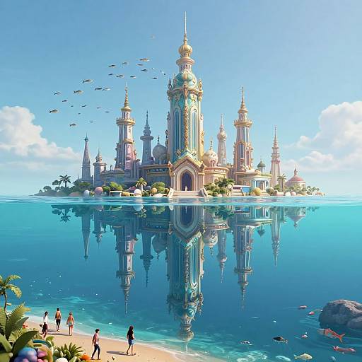 Digital artwork of a vibrant, ornate island castle with reflective water, surrounded by birds, palm trees, and people walking on a sandy beach.