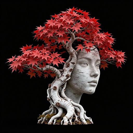 Digital artwork of a white, faceless sculpture with a twisting, white-barked tree growing vibrant red leaves, set against a black background.
