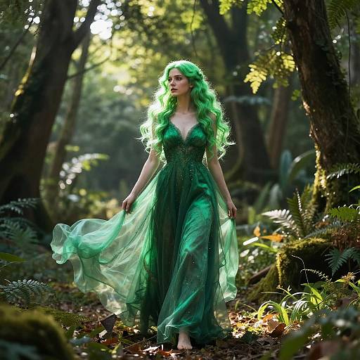 Photograph of a fair-skinned woman with long, glowing green hair, wearing a flowing, green, sheer dress, standing in a sunlit forest