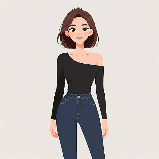 Digital anime-style illustration of a smiling young woman with short brown hair, wearing an off-shoulder black top and high-waisted dark blue jeans