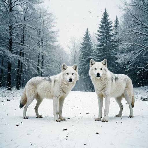 Pair of White Wolves in Snowy Forest