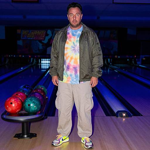 Photograph of a bearded man in a tie-dye shirt, black jacket, beige pants, and neon sneakers, standing in a dimly lit