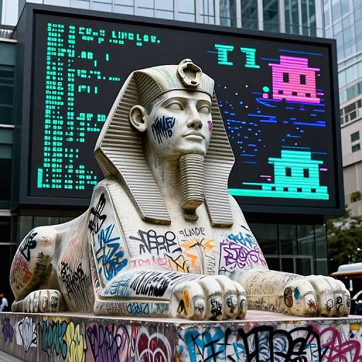 Graffiti-Covered Sphinx Sculpture in La Défense