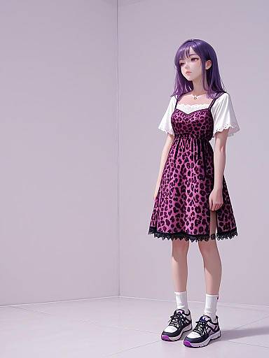 Digital anime-style drawing of a young woman with purple hair, wearing a leopard-print dress, white blouse, socks, and black sneakers, standing in a