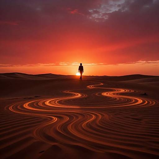 Silhouetted figure standing on sand dune at sunset, with wavy tire tracks leading to them, under a vibrant, red-orange sky.