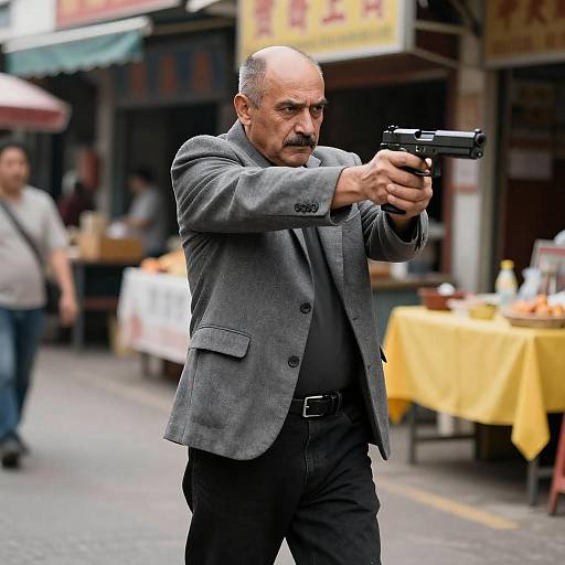 Balding Man Aiming in Busy Market