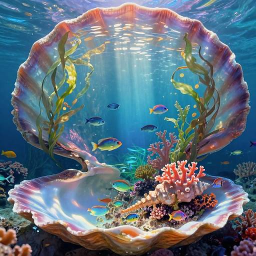 Vibrant underwater photograph of a large, open scallop shell with colorful fish, seaweed, and coral, illuminated by sunlight filtering through the water