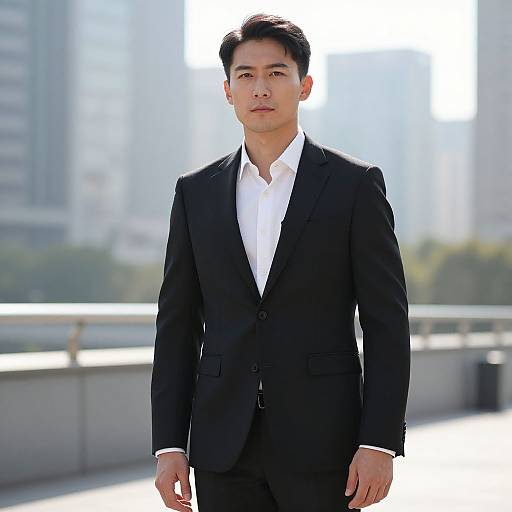 Photograph of an Asian man in a black suit and white shirt standing outdoors on a sunlit urban bridge, with blurred skyscrapers in the background