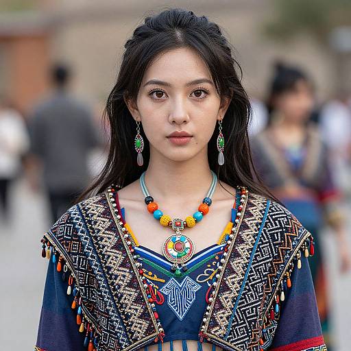 Photograph of an Asian woman with long black hair, wearing a colorful, intricately patterned traditional dress, adorned with beaded jewelry, standing in