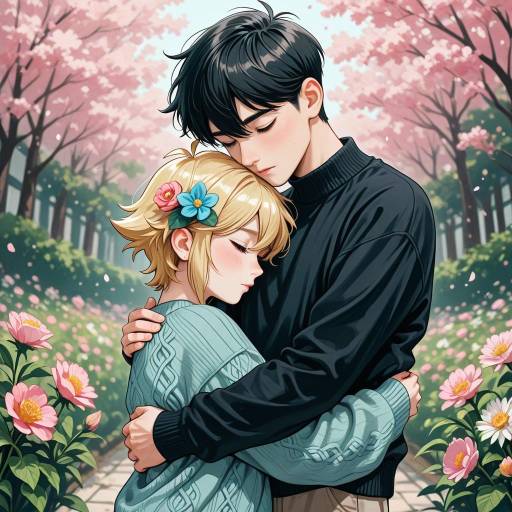 Boys Embracing with Colorful Hair Flowers