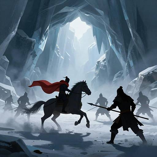 Snowy Cave Battle Scene with Horse and Warriors
