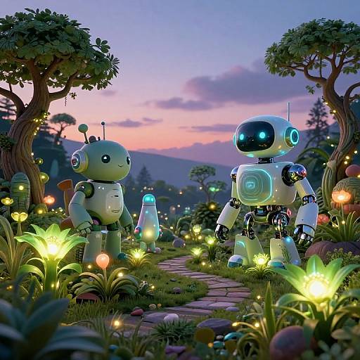 Digital artwork of two glowing, cartoon-style robots in a magical forest at sunset, surrounded by bioluminescent flowers and soft, colorful lights.