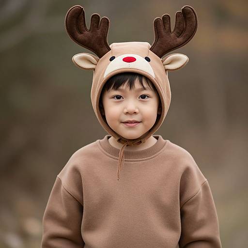 Photograph of an Asian toddler with light skin, wearing a brown reindeer hooded sweatshirt with antlers, standing outdoors, smiling.