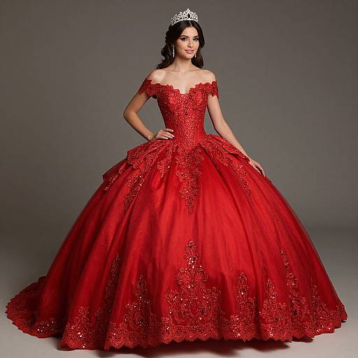 Photograph of a woman with dark hair, wearing a sparkling red off-the-shoulder ball gown with a full skirt and silver tiara, standing