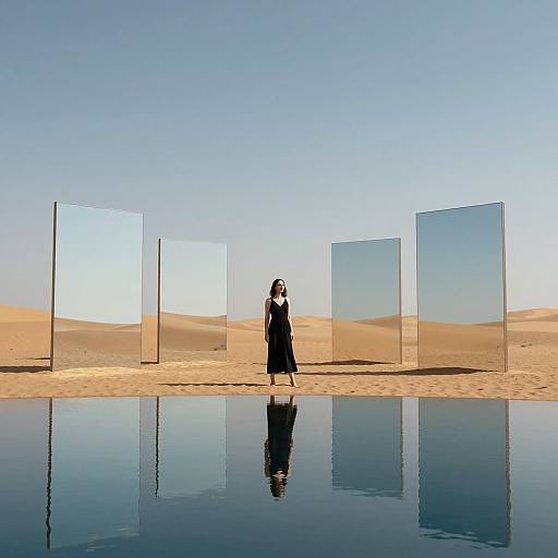 Photograph of a solitary woman in a black dress standing in a desert, reflected in a still water pool, with four tall, transparent panels behind her