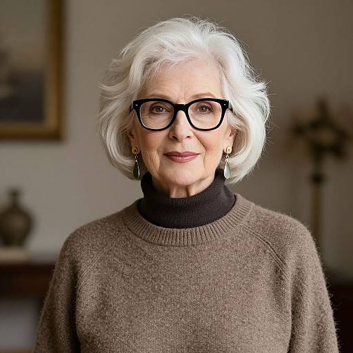 Photograph of an elderly white woman with short, white hair, black-framed glasses, brown sweater, black turtleneck, smiling softly indoors.