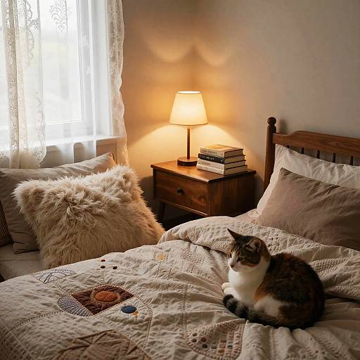 Cozy Bedroom with Cat and Books