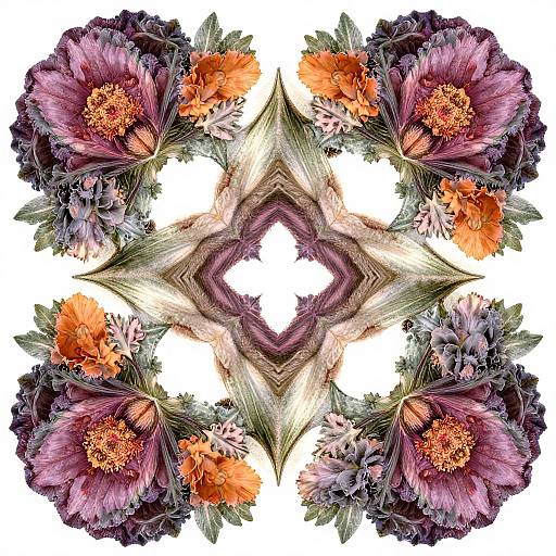 Digital floral symmetrical pattern with large purple and orange flowers, intricate green foliage, and a central diamond-shaped white space.